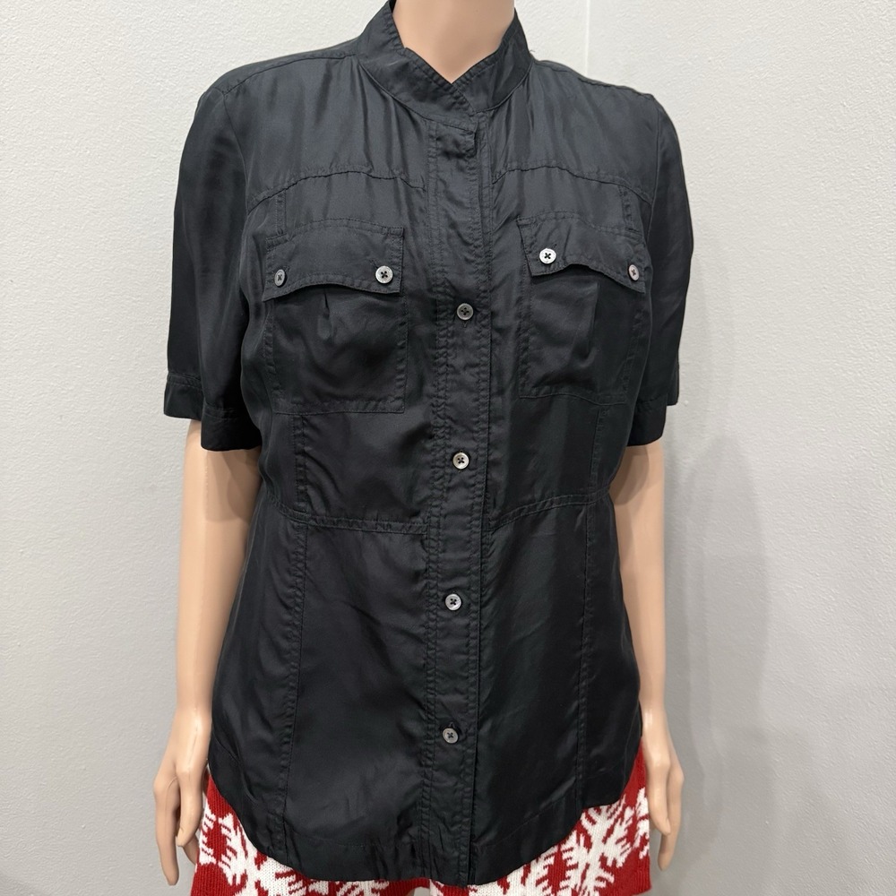 Banana Republic Vintage 2004 100% Silk Utility Blouse Black Mandarin Collar XL